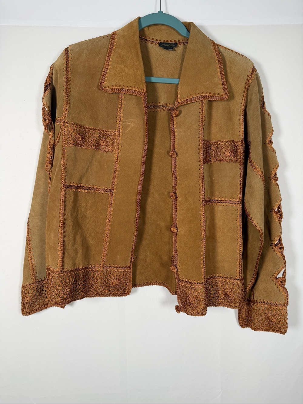 Brown Suede Patchwork Crochet-Trim Jacket Western, Cowgirl, Country Boho